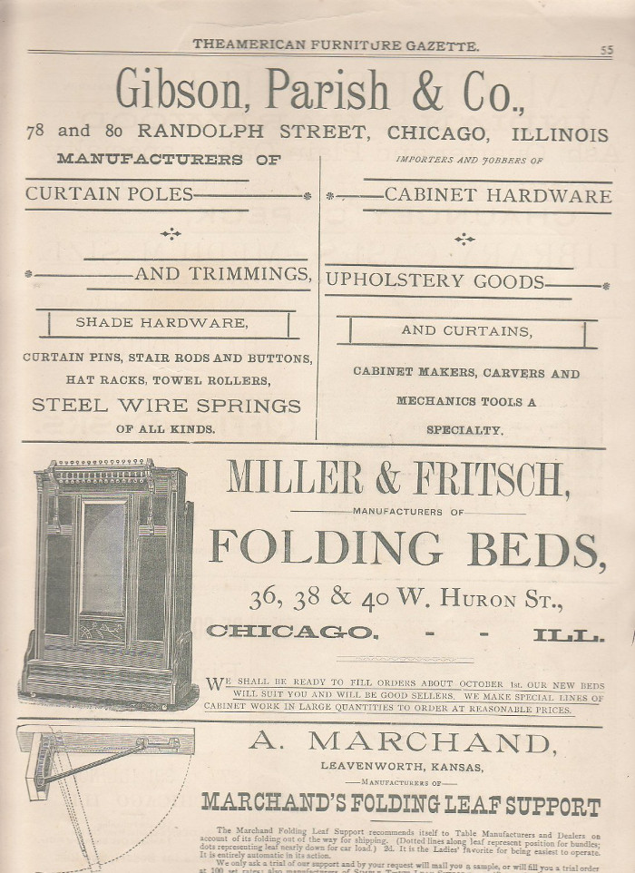 Black and white full page newspaper ad showing product lines for Gibson, Parish & Co., Miller & Fritsch, and A. Marchand